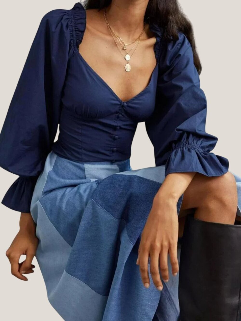 Anthropologie Puff-Sleeved Sweetheart Blouse Blue Large